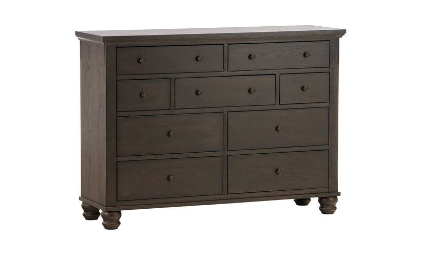Dark wood dresser with multiple drawers on a white background